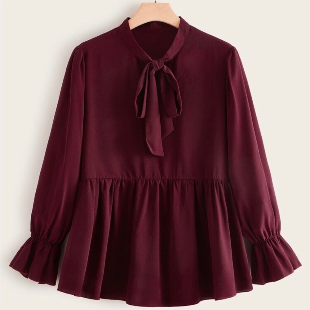 Plus Tie Neck Flounce Sleeve Babydoll Blouse